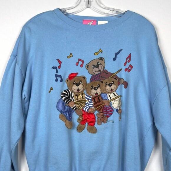 Vintage 80s Pinwheel 3D Fuzzy Teddy Bears Playing Music Teacher Crewneck Size M - Picture 1 of 7
